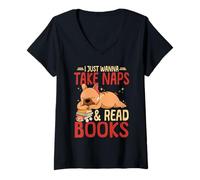 Women's Sleeping Dog Lover I Just Wanna Take Naps and Read Books V-Neck T-Shirt
