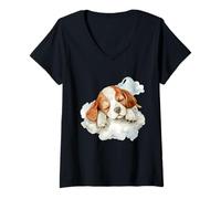 Women's Sleeping Dog Sleeping Animal Napping Sleepy Dog Cloud V-Neck T-Shirt