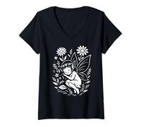 Womens Sleeping Fairy in Flower Meadow V-Neck T-Shirt