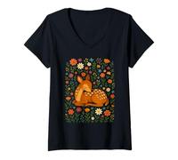 Womens Sleeping Fawn in Floral Meadow Whimsical Folk Art Design V-Neck T-Shirt