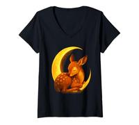 Womens Sleeping Fawn Under Crescent Moon Cozy Woodland Night Art V-Neck T-Shirt
