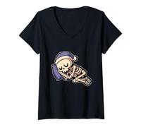 Womens Sleeping Skeleton Halloween V-Neck T-Shirt