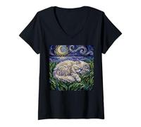 Women's Sleeping White Persian Cat Starry Night Moon Artwork V-Neck T-Shirt