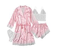 Women's Sleepwear 4pcs Sexy Silk Satin Floral Lace Cami Top Drawstring Shorts Belted Pajamas Set with Robe (Pink Stripe, Small)