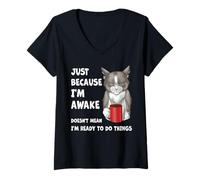 Womens Sleepy Coffee Cat Monday Morning Mood Humor V-Neck T-Shirt
