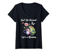 Womens Sleepy Cute Frog Dont Be Stressin Lifes a Blessing Butterfly V-Neck T-Shirt