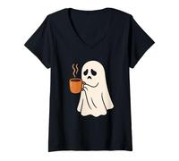 Womens Sleepy Ghost with Coffee Mug V-Neck T-Shirt