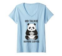Women's Sleepy Panda Humor No Talkie Before Coffee V-Neck T-Shirt