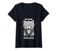 Women's Sleepy Red Panda Humor No Talkie Before Coffee V-Neck T-Shirt