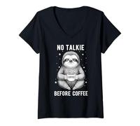 Women's Sleepy Sloth Humor No Talkie Before Coffee V-Neck T-Shirt