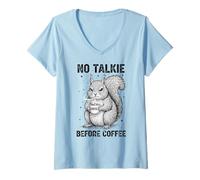 Women's Sleepy Squirrel Humor No Talkie Before Coffee V-Neck T-Shirt