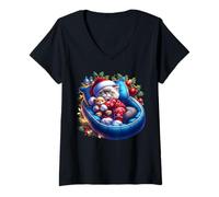Womens Sleepy Winter Cat in Xmas Kitten Bed with Christmas Lights V-Neck T-Shirt