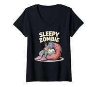 Womens Sleepy Zombie Coffee Lover Funny Undead V-Neck T-Shirt
