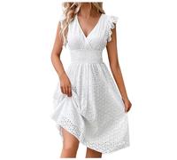 Women's Sleeveless Beach Dress, Summer Dress Mid Length Flowy V Neck Ruffled Hollow Lace Jacquard Solid Colour Chic and Elegant Sexy Casual Boheme Baggy High Waist Dress