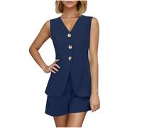 Women's Sleeveless Blazer Suits 2 Piece Outfits Airport Set Women Sleeveless V Neck Waistcoat Vest and Tailored Shorts with Pockets Summer Short Trouser Suits for Wedding Guest Office Work Party Navy