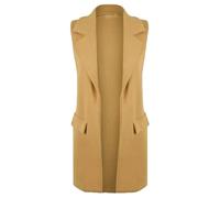 Women's Sleeveless Blazer Vest - Longline Open Front Waistcoat Jacket with Lapel Collar and Flap Pockets - Smart Casual Office Wear Gilet Camel