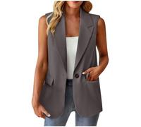 Women's Sleeveless Blazers Ladies Waistcoats Casual Lapel One Button Elegant Work Office Suit Waist Coat with Pockets Plain Loose Fit Sleeveless Dressy Gilet