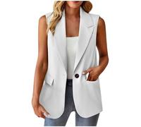 Women's Sleeveless Blazers Ladies Waistcoats Casual Lapel One Button Elegant Work Office Suit Waist Coat with Pockets Plain Loose Fit Sleeveless Dressy Gilet