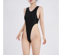 Women's Sleeveless Bodysuit Swimsuit Made of Thin Shiny Silky Glossy Nylon Fabric for Various Seasonal Occasions (XL Black)