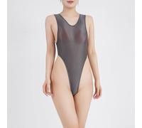 Women's Sleeveless Bodysuit Swimsuit Made of Thin Shiny Silky Glossy Nylon Fabric for Various Seasonal Occasions (XL Grey)