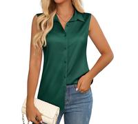 Womens Sleeveless Button Down Shirt Silky Satin Blouse Business Work Summer Tank Top 2025, Dark Green, M