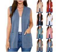 Women's Sleeveless Cardigans Ladies Open Front Cardigan Vest Elegant Lightweight Knit Waistcoat with Cozy Large Pockets Casual Loose Fit Draped Vest 2026 Fashion Spring Summer Layering Vest Cardigan