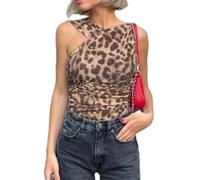 Women's Sleeveless Cheetah Print Top Halter Ruched Mesh Leopard Print Going Out Tops for Women Streetwear Bodysuit Top, Leopard Brown, L
