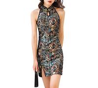 Women's Sleeveless Cheongsam Costume Mandarin Collar Chinese Traditional Dragon Phoenix Pattern Side Slit Cocktail Mini Bodycon Dress (40# Blue, M), 40# Blue, M