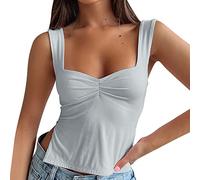 Womens Sleeveless Crop Tank Top Sexy Pleated Bustier Neck Strappy Slits Cropped Vest Womens Active Short Sleeve Grey