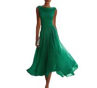 Women's Sleeveless Draped Neck Chiffon Midi Dress, Waist Ruched Flowy Elegant A-Line for Wedding Guest & Summer Beach Party (Green,M)