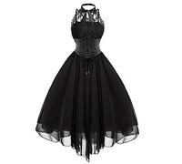 Women's Sleeveless Gothic Lace Dress 80s Fancy Dress Corset Halter Lace Swing Cocktail Black
