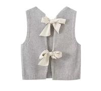Women's Sleeveless Jumpers Elegant Sweater Vests Crewneck Knitted Waistcoats Crochet Cardigan Gilets Knit Tank Top with Bow & Buttons Side Knit Outerwear Casual Knitwear Plus Size UK S-L A-Grey