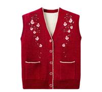 Women's Sleeveless Jumpers,Middle-Aged and Elderly Knitted Cardigan Sweaters Vest Winter Warm Fleece Lined Sleeveless Jumper Embroidered Floral Waistcoats Old Lady Grandma Knitwear Red M
