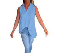 Women's Sleeveless Lapels Shirred Top,Summer V Neck Casual Tank Tops Loose Solid Collar Polo Shirts, Womens Summer Tops,Solid Collar Tank Tops,Stylish Vintage Blouses (Blue, 3XL)