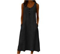 Women's Sleeveless Linen Blend Midi Dress, Round Neck Button-Detail A-Line Casual with Side Pockets Summer Dresses for Women Cotton Linen V Neck Button Sleeveless Solid Maxi Sundress Black