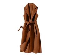 Women's sleeveless long trench coat, belted wool blend waistcoat, elegant winter vest overcoat, formal sleeveless overcoat, ladies' stylish wrap waist sleeveless outerwear