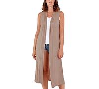 Womens Sleeveless Maxi Cardigan Long Open Front Duster Jacket Ladies Boyfriend Collar Style Waistcoat Lightweight Longline Blazer Vest UK 16-18 Mocha