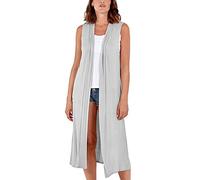 Womens Sleeveless Maxi Cardigan Long Open Front Duster Jacket Ladies Boyfriend Collar Style Waistcoat Lightweight Longline Blazer Vest UK 12-14 Light Grey