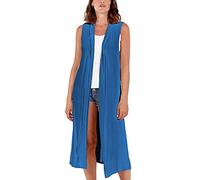 Womens Sleeveless Maxi Cardigan Long Open Front Duster Jacket Ladies Boyfriend Collar Style Waistcoat Lightweight Longline Blazer Vest UK 24-26 Teal