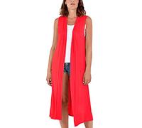 Womens Sleeveless Maxi Cardigan Long Open Front Duster Jacket Ladies Boyfriend Collar Style Waistcoat Lightweight Longline Blazer Vest UK 24-26 Red