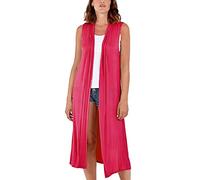 Womens Sleeveless Maxi Cardigan Long Open Front Duster Jacket Ladies Boyfriend Collar Style Waistcoat Lightweight Longline Blazer Vest UK 12-14 Cerise