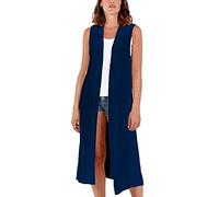 Womens Sleeveless Maxi Cardigan Long Open Front Duster Jacket Ladies Boyfriend Collar Style Waistcoat Lightweight Longline Blazer Vest UK 20-22 Navyblue