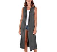 Womens Sleeveless Maxi Cardigan Long Open Front Duster Jacket Ladies Boyfriend Collar Style Waistcoat Lightweight Longline Blazer Vest UK 16-18 Charcoal