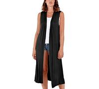 Womens Sleeveless Maxi Cardigan Long Open Front Duster Jacket Ladies Boyfriend Collar Style Waistcoat Lightweight Longline Blazer Vest UK 12-14 Black