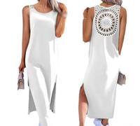 Women's Sleeveless Openwork Vest Dress Over Knee Slit(White M)