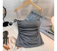 Womens Sleeveless Pleated Slim Vest Hot Girl Short Spaghetti Straps Solid Color Top High Elasticity Polyester Shirt For Spring Summer Autumn Winter Daily Club Holiday Vacation Wear Black(Gray)