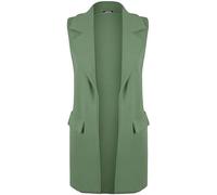 Womens Sleeveless Pocket Long Waistcoat Ladies Celeb Open Style Crepe Jacket Top#(Khaki Sleeveless Pocket Long Crepe Waistcoat#UK 16-18#Womens)