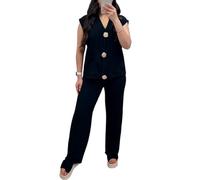 Womens Sleeveless Popcorn Texture Gold Button Top With Trouser Co Ord Set Ladies V Neck Gold Brooches Cheesecloth Front Pockets 2 Pieces Tracksuit