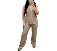Womens Sleeveless Popcorn Texture Gold Button Top With Trouser Co Ord Set Ladies V Neck Gold Brooches Cheesecloth Front Pockets 2 Pieces Tracksuit
