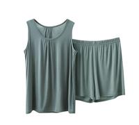 Womens Sleeveless Pyjamas Set Ladies Modal Cotton Short Pjs Set, Womens 2 Piece Outfits Loose Tank Tops and Shorts Solid Sleeveless Sleepwear V Neck Homewear Nightwear Summer Lounge Wear Sets Green